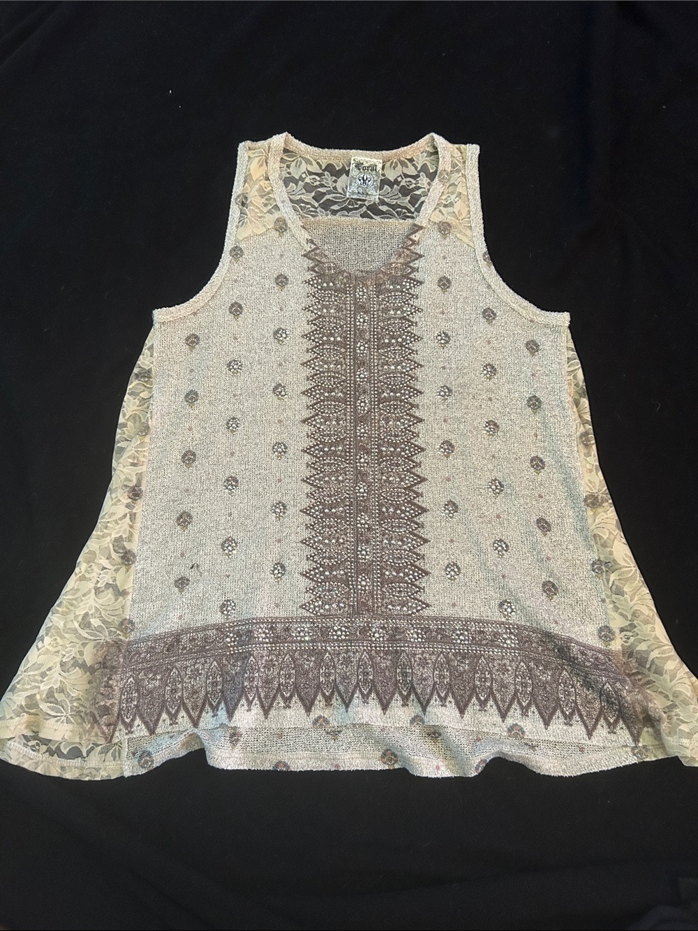 Vocal Beige & Taupe Lace-Trim Tank Top